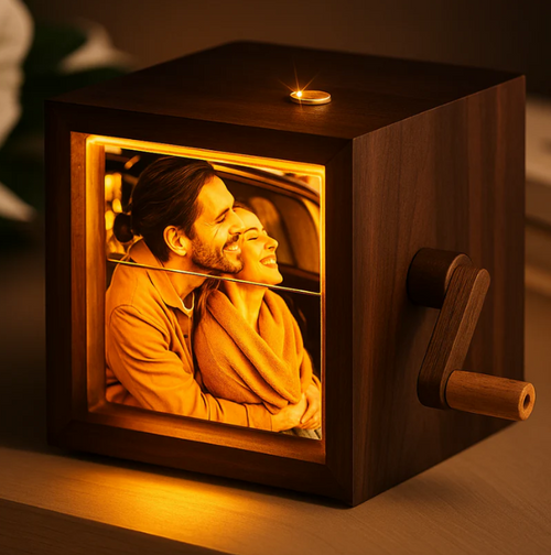 Caja de fotos personalizada con manivela