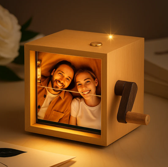 Caja de fotos personalizada con manivela